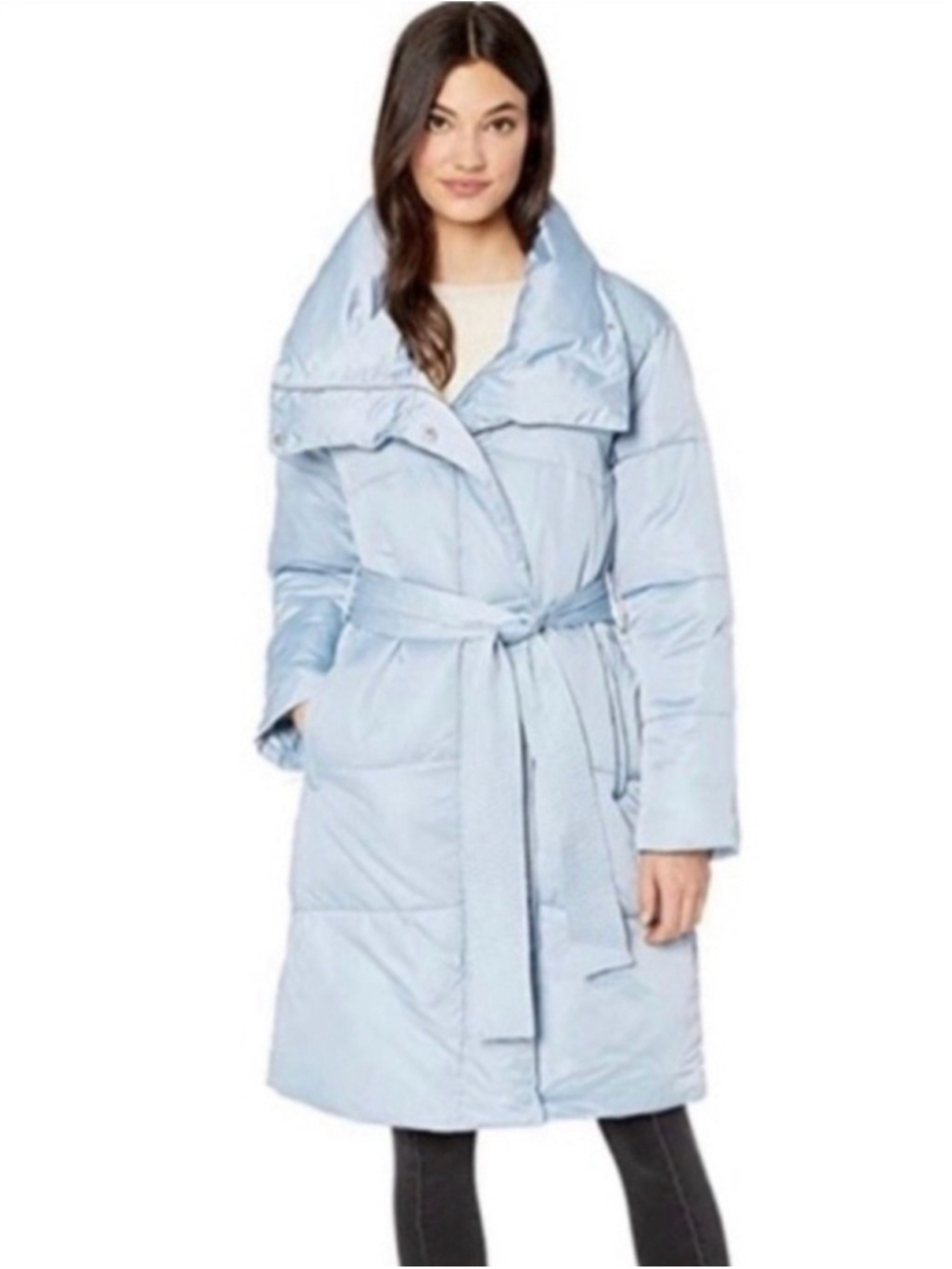Avec Les Filles Anthropologie womens ice blue belted puffer coat Size XS Winter